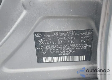 2014 Hyundai Sonata Gls z USA, uszkodzony, nr VIN 5NPEB4AC3EH908548